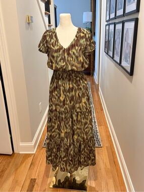 Nanette Lepore Olive, Brown & Yellow Tiered V-Neck Maxi Dress